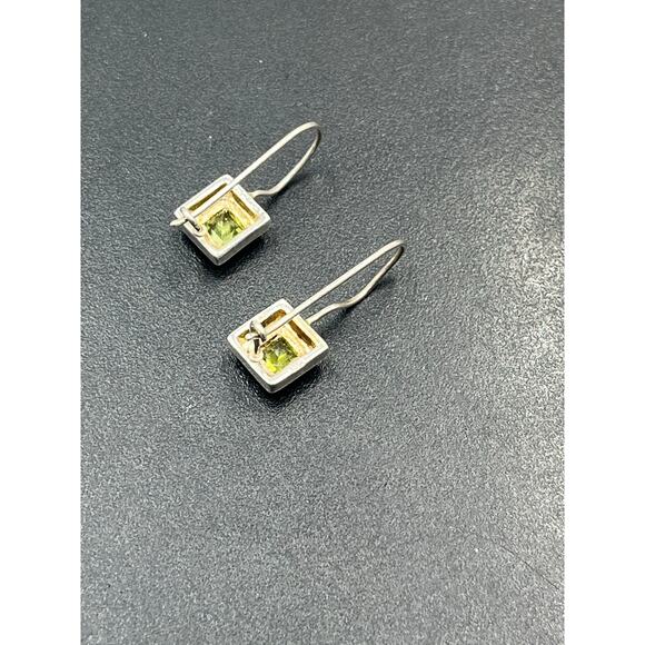 Sterling Silver Designer Square Bezel Set Peridot Dangle Drop Wire Earring - Picture 5 of 10